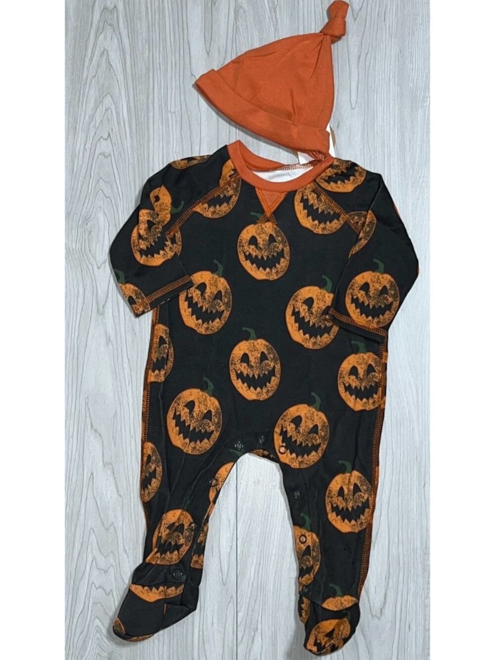 Mud Pie 6m 9m NWT Pumpkin JACK-O-LANTERN sleeper hat Set Halloween black orange